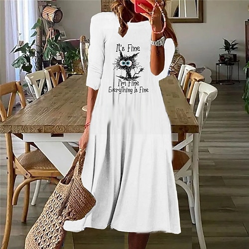 

Women's Casual Dress Shift Dress Midi Dress White Pink 3/4 Length Sleeve Cat Letter Animal Ruched Print Fall Winter Round Neck Casual Vacation 2022 S M L XL XXL 3XL