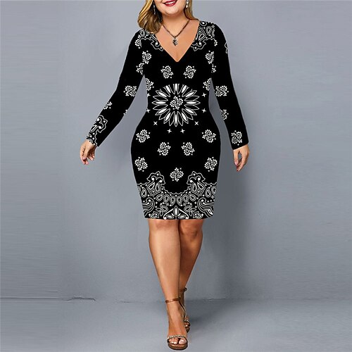 

Women's Plus Size Work Dress Floral V Neck Print Long Sleeve Fall Winter Stylish Work Short Mini Dress Daily Vacation Dress / 3D Print