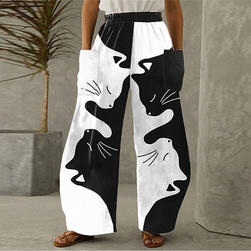 

Women's Loungewear Bottom Nighty Cat Animal Fashion Comfort Home Street Polyester Long Pant Pant Pocket Elastic Waist Spring Summer White Black