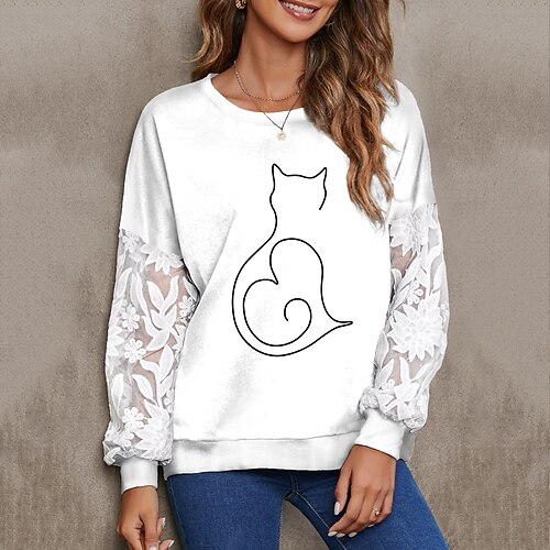 

Women's Sweatshirt Pullover Active Streetwear Patchwork Print White Black Cat Daily Round Neck Long Sleeve S M L XL / 3D Print