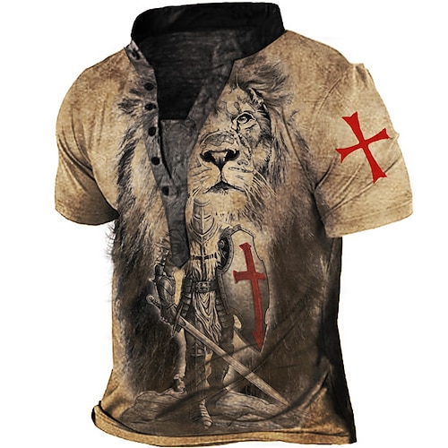 

Men's T shirt Tee Henley Shirt Tee Graphic Lion Stand Collar Blue Dark Gray Brown Light Blue Short Sleeve 3D Print Plus Size Outdoor Daily Button-Down Print Tops Basic Designer Casual Big and Tall