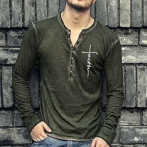 

Men's T shirt Tee Henley Shirt Tee Graphic Letter Henley Gray Army Green Long Sleeve 3D Print Plus Size Outdoor Daily Button-Down Print Tops Basic Designer Classic Comfortable / Sports