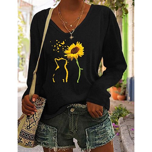 

Women's T shirt Tee Black White Blue Cat Sunflower Print Long Sleeve Sports Weekend Basic V Neck Regular Cotton Floral Cat Painting S