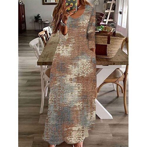 

Women's A Line Dress Swing Dress Maxi long Dress Gray Khaki Long Sleeve Floral Color Block Pocket Print Fall Winter V Neck Casual Vacation Vintage 2022 S M L XL XXL 3XL / Casual Dress