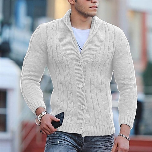 

Men's Sweater Cardigan Sweater Cable Knit Cropped Knitted Stand Collar Clothing Apparel Winter Fall Red Brown Black S M L