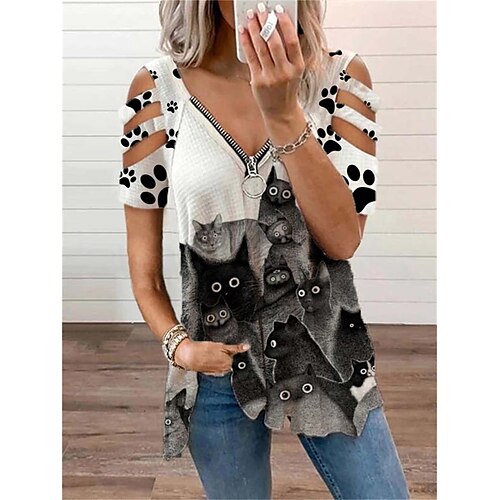 

Women's Blouse Cat Casual Weekend Cat Painting Blouse Short Sleeve Cut Out Quarter Zip Print V Neck Basic White Black Yellow S / 3D Print