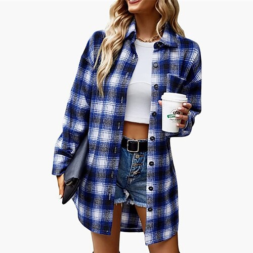 

Women's Casual Jacket Windproof Warm Outdoor Street Daily Vacation Button Pocket Print Single Breasted Turndown Casual Street Style Shacket Stripes and Plaid Regular Fit Outerwear Long Sleeve Winter