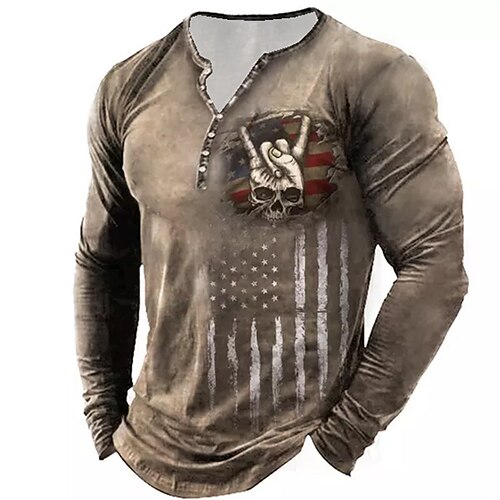 

Men's T shirt Tee Henley Shirt Tee Graphic Skull National Flag Henley Brown Long Sleeve 3D Print Plus Size Outdoor Daily Button-Down Print Tops Basic Designer Classic Comfortable / Sports