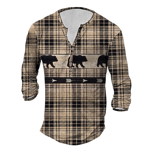 

Men's T shirt Tee Henley Shirt Tee Graphic Animal Tartan Henley Khaki Long Sleeve 3D Print Plus Size Outdoor Daily Button-Down Print Tops Basic Classic Comfortable Big and Tall / Sports