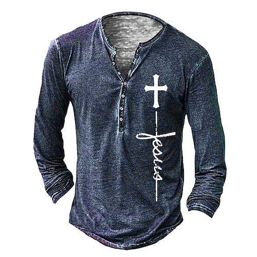 

Hombre Henley Shirt Camiseta Graphic Cruz Templaria Cruz Henley Azul Marino Impresión 3D Calle Casual Manga Larga Abotonar Estampado Ropa Básico Moda Clásico Cómodo