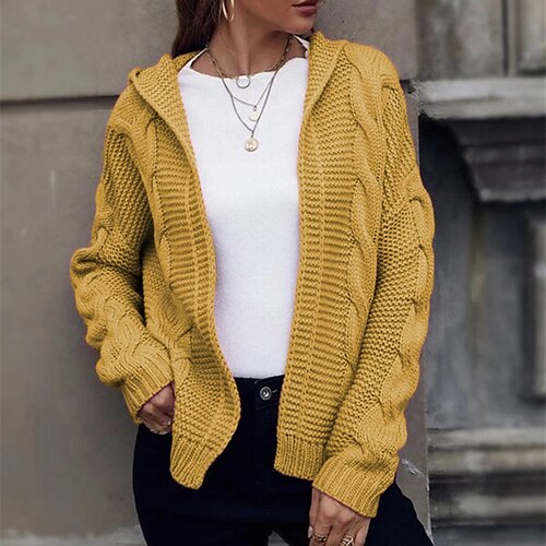 

Women's Cardigan Sweater Jumper Cable Knit Knitted Pure Color Hooded Stylish Casual Daily Holiday Fall Winter White Black S M L / Cotton / Long Sleeve