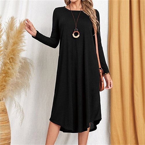 

Women's T Shirt Dress Tee Dress Linen Dress Black Dress Midi Dress Black Wine Royal Blue Long Sleeve Pure Color Pocket Winter Fall Crew Neck Classic Winter Dress Fall Dress Loose Fit 2022 S M L XL