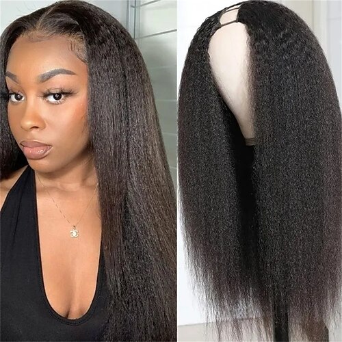 

Human Hair Wig Long kinky Straight Middle Part Natural Black Soft Women Easy dressing Machine Made Brazilian Hair Women's Natural Black #1B 12 inch 14 inch 16 inch Party Party / Evening Daily Wear