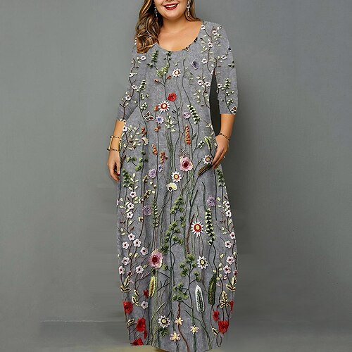 

Women's Plus Size Casual Dress Floral U Neck Long Sleeve Fall Winter Casual Vintage Maxi long Dress Causal Daily Dress / 3D Print