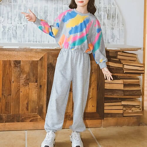 

Kids Girls' Clothing Set 2 Pieces Long Sleeve Gray Print Crewneck Outdoor Active Daily Regular 4-13 Years