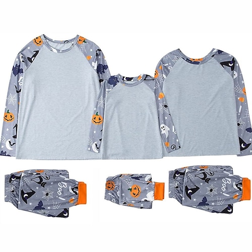 

Family Look Halloween Pajamas Halloween pattern Daily Print Gray Long Sleeve Daily Matching Outfits