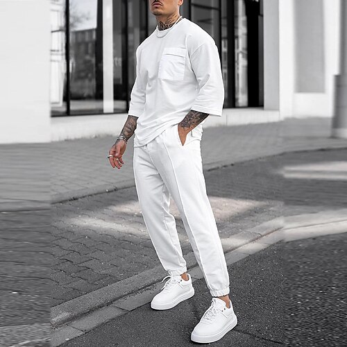 

Men's Unisex T-shirt Suits Tracksuit Tennis Shirt Set Solid Color Crew Neck White Outdoor Street Long Sleeve 2 Piece Clothing Apparel Basic Sports Designer Lightweight