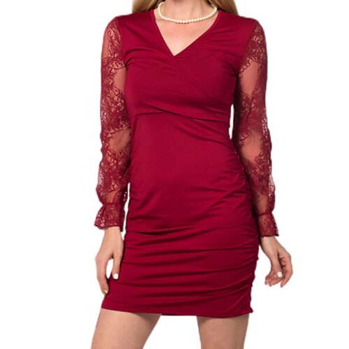 

Women's Lace Dress Sheath Dress Short Mini Dress Black Wine Army Green Dark Blue Long Sleeve Pure Color Lace Patchwork Fall Winter V Neck Party Stylish 2022 XS S M L XL XXL / Party Dress