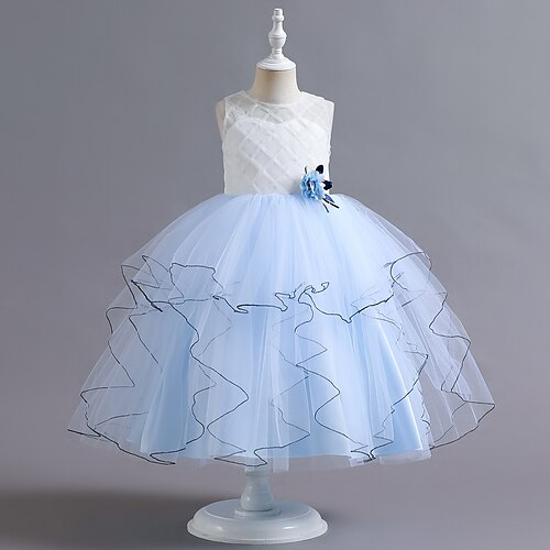 

Kids Little Girls' Dress Plaid Flower Tulle Dress Wedding Birthday Ruffle Patchwork White Blue Pink Midi Sleeveless Princess Cute Dresses Fall Spring Slim 4-13 Years