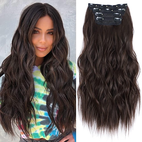 

Hair Extensions 4PCS Long Wavy Synthetic Fiber Clip in Hair Extensions Double Weft Soft Hair for Women Full Head