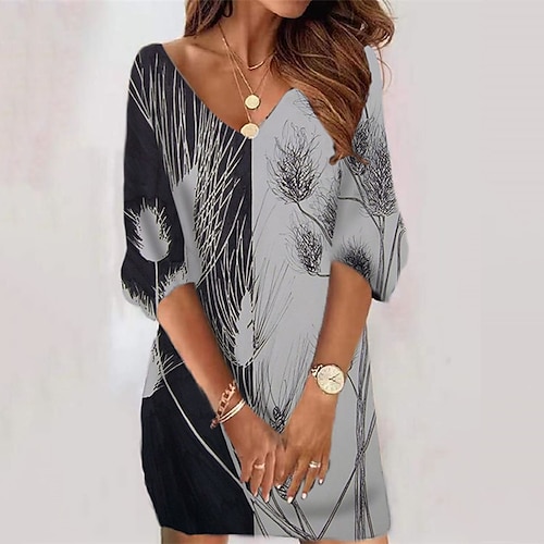 

Mini robe Femme Robe casual Manches 3/4 Hiver Automne - Vacances Casual Imprimer Floral Bloc de couleur Col V Ample 2023 Vin Bleu Gris S M L XL XXL 3XL