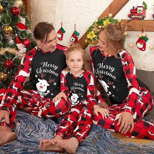 

Family Look Christmas Pajamas Plaid Deer Letter Causal Patchwork Black Long Sleeve Casual Matching Outfits