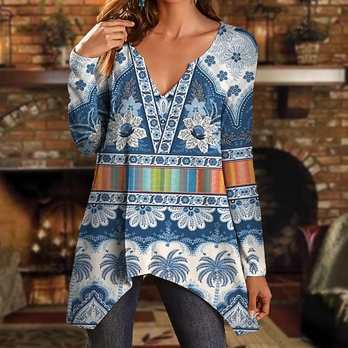 

Women's T shirt Tee Floral Casual Holiday Weekend Floral Painting T shirt Tee Long Sleeve Flowing tunic Print V Neck Basic Blue S / 3D Print