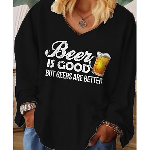 

Women's Plus Size Tops T shirt Tee Beer Letter Print Long Sleeve V Neck Streetwear Daily Vacation Cotton Spandex Jersey Fall Winter Black