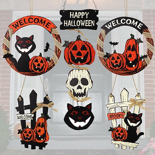 

Welcome To The House Number Halloween Wooden Pendant Crafts Pumpkin Black Cat Jewelry Skull Decoration Ornaments Pie Wooden Sign