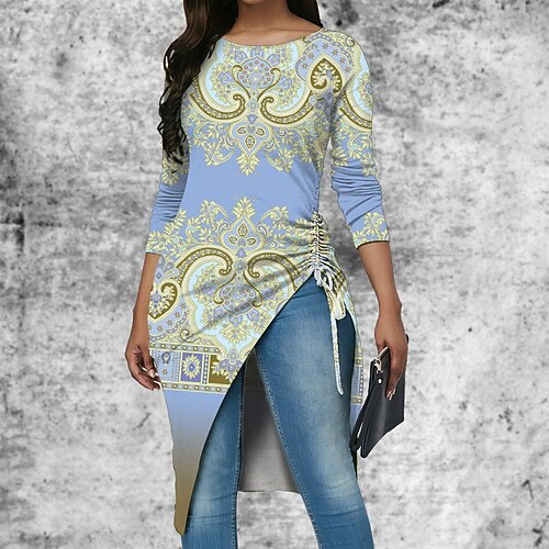 

Women's T shirt Tee Tunic Yellow Graphic Print Long Sleeve Casual Weekend Basic Round Neck Long Painting S