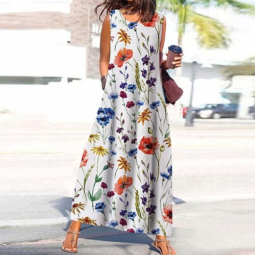 

Women's Casual Dress Shift Dress Maxi long Dress Blue Sleeveless Floral Print Spring Summer Round Neck Casual Vacation 2022 S M L XL XXL 3XL
