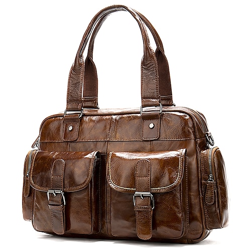 

Men's Briefcase Top Handle Bag Nappa Leather Cowhide Zipper Solid Color Daily Brown