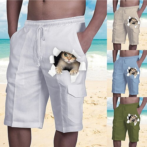 

Men's Shorts Beach Shorts Drawstring Elastic Waist Multiple Pockets Graphic Cat Breathable Soft Short Casual Daily Holiday Streetwear Designer Green Blue Micro-elastic