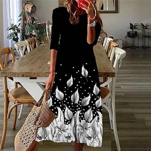 

Women's Casual Dress Shift Dress Midi Dress Black Blue 3/4 Length Sleeve Floral Ruched Print Fall Winter Round Neck Casual Vacation 2022 S M L XL XXL 3XL