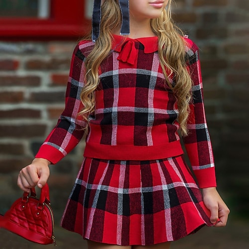 

2 Pieces Kids Girls' SkirtSet Clothing Set Outfit Plaid Long Sleeve Cotton Set Vacation Casual Sweet Winter Fall 2-6 Years Blue Pink Red
