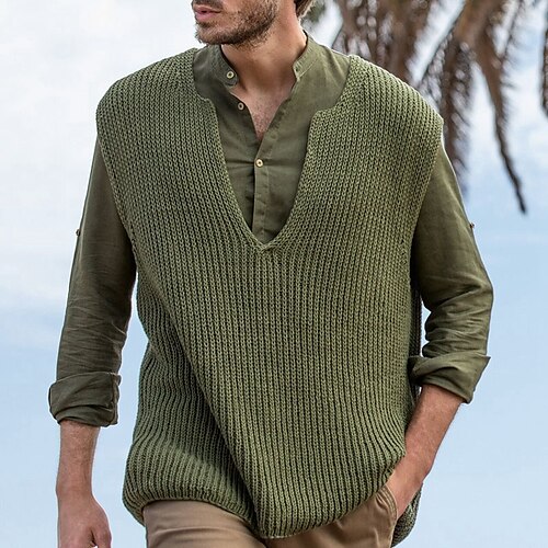 

Men's Pullover Sweater Sweater Vest Jumper Chunky Knit Knitted Solid Color U Neck Stylish Basic Daily Holiday Fall Winter Army Green M L XL / Sleeveless / Sleeveless / Weekend