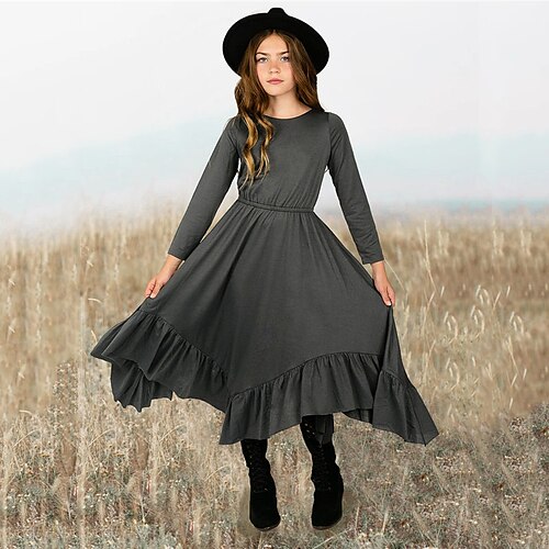 

Kids Little Girls' Dress Solid Colored A Line Dress Daily Holiday Vacation Ruffle Gray Yellow Fuchsia Maxi Long Sleeve Casual Cute Sweet Dresses Fall Winter Regular Fit 3-12 Years