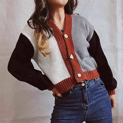 

Women's Cardigan Sweater Jumper Crochet Knit Knitted Patchwork Color Block V Neck Stylish Casual Daily Going out Fall Winter Green Black S M L / Long Sleeve