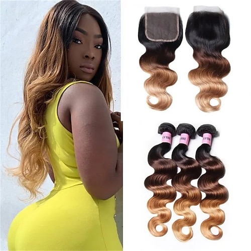 

3 Bundles with Closure Hair Weaves Brazilian Hair Body Wave Human Hair Extensions Human Hair Extension Weave 14-20 inch Black Women Easy dressing Comfy / Daily Wear / Party / Evening / Party