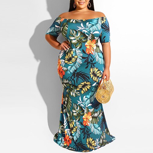 

Women's Plus Size Sheath Dress Floral Off Shoulder Print Short Sleeve Spring Summer Mumu Boho Midi Dress Daily Date Dress