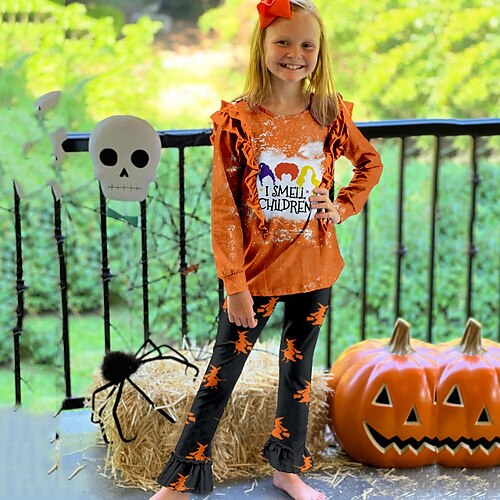 

Kids Girls' Halloween T-shirt Pants Clothing Set 2 Pieces Long Sleeve Purple Yellow Letter Crewneck Ruffle Print Indoor Vacation Outdoor Active Daily Street Style 3-12 Years