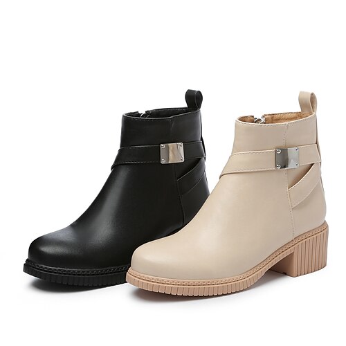 

Women's Boots Booties Ankle Boots Chunky Heel Round Toe Minimalism Daily Work PU Leather Zipper Fall Winter Solid Colored Black Beige