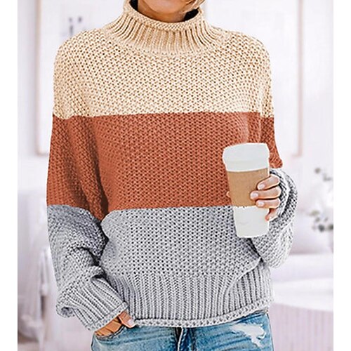 

Women's Pullover Sweater jumper Jumper Crochet Knit Cropped Patchwork Knitted Color Block Turtleneck Stylish Casual Daily Holiday Winter Fall Brown S M L / Long Sleeve / Regular Fit
