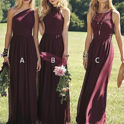 

A-Line Bridesmaid Dress One Shoulder Long Sleeve Sexy Floor Length Chiffon with Pleats / Appliques 2022