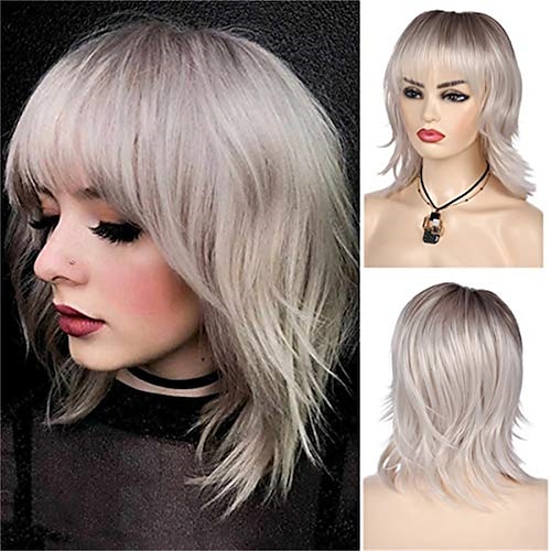 

Blonde Bob Wig Short Natural Wavy Dark Roots Synthetic Wig with Bangs Party Cosplay Wigs for Women Shag s Wolf Cut s