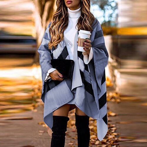

Women's Poncho Sweater Jumper Ribbed Knit Tunic Knitted Thin Plaid Open Front Stylish Casual Daily Going out Fall Winter Blue Gray One-Size / Long Sleeve / Regular Fit