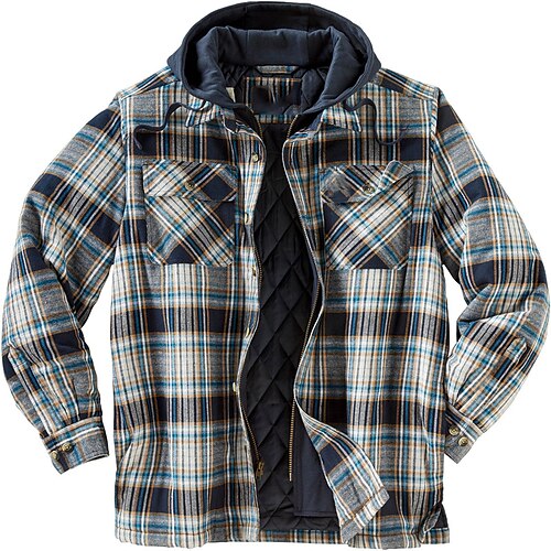 

Men's Puffer Jacket Winter Jacket Quilted Jacket Shirt Jacket Winter Coat Warm Casual Plaid / Check Outerwear Clothing Apparel Black / White Green Blue