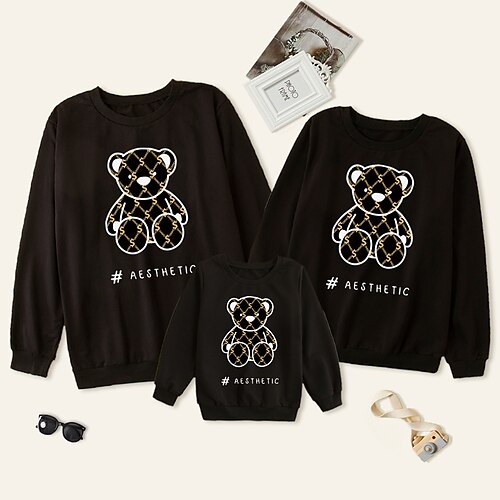 

famille sweat lettre ours imprimé noir manches longues adorables tenues assorties