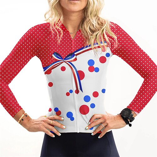 

21Grams Women's Cycling Jersey Long Sleeve Bike Top with 3 Rear Pockets Mountain Bike MTB Road Bike Cycling Breathable Quick Dry Moisture Wicking Reflective Strips Red Polka Dot Polyester Spandex