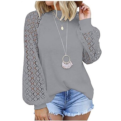 

2022 european and american foreign trade cross-border new amazon independent station round neck long-sleeved lace stitching loose top women